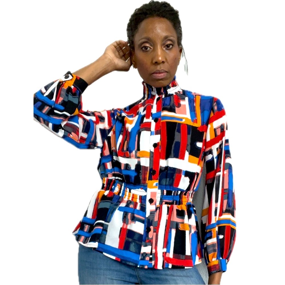 NEW YORK & COMPANY•COLORFUL LONG SLEEVE BUTTON-DOWN BLOUSE•SIZE: M